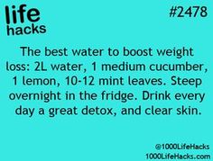 The best water to boost weight loss: 2L water, 1 medium cucumber, 1 lemon, 10-12 mint leaves. Steep overnight in the fridge. Drink everyday a great detox and clear skin Nutritarian Recipes, Baking Hacks, Cheat Codes, Ra Ideas, Helpful Things, Living Healthy, Best Water