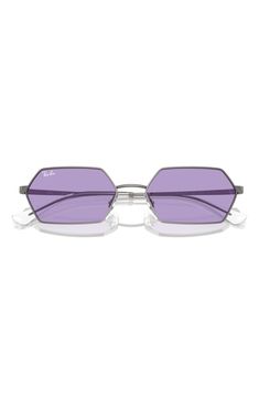 A sleek geometric silhouette adds retro-cool appeal to stylish sunnies fitted with adjustable nose pads for a secure fit. 58mm lens width; 18mm bridge width; 145mm temple length 100% UV protection Adjustable nonslip nose pads Metal Imported 80s Rocker, Festival Stage, Small Sunglasses, Purple Sunglasses, Sunglasses Outfit, Makeup Bronzer, Trending Sunglasses, Perfume Gift Sets, Rectangular Sunglasses