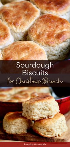 some biscuits are stacked on top of each other and the words, sourdough biscuits for christmas brunch