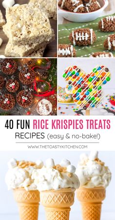 some desserts and treats are on display with the words, 40 fun rice krispies treats