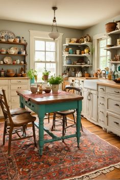 a kitchen with an old fashioned table and chairs