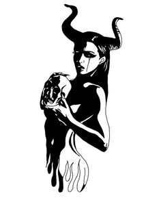 a black and white drawing of a woman with horns on her head holding a skull