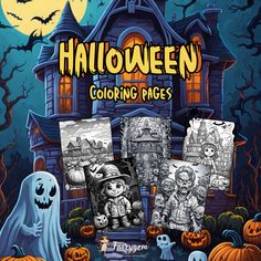 halloween coloring pages with pumpkins and ghost in front of a house on the moonlit night