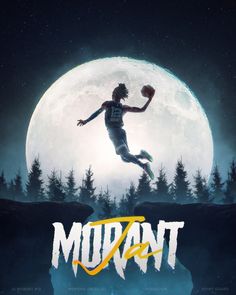 a basketball player jumping into the air with his ball in front of a full moon