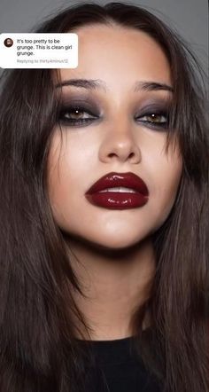 Vampy Lips Black Eyes Red Lips, Black Eyeshadow And Red Lips, Vampy Red Lip, Black Eyeshadow Red Lips, Red Hair Red Lipstick, Dark Cherry Lipstick, Dark Red Lipstick Makeup Look, Red Grunge Makeup, Smokey Eye Red Lip Makeup