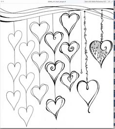 a drawing of hearts hanging from strings