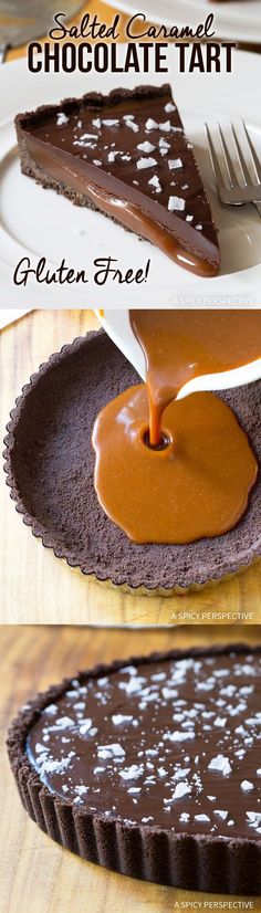 chocolate tart is being drizzled with caramel and then topped with glaze