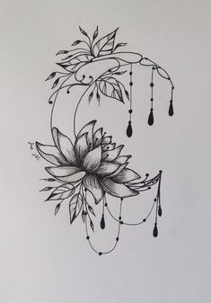 a black and white drawing of a flower with drops hanging from it's petals