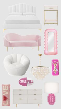 pink and white furniture with gold accents on the walls, pillows, lamps, rugs and other items