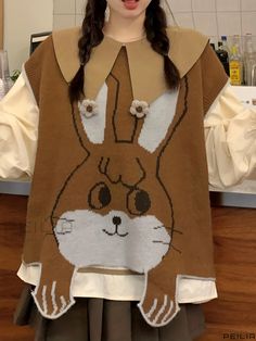 Peilia - Womens Casual Sleeveless Loose Sweater – Cute Rabbit Crew Neck Knit Vest – Trendy and Fashionable Cute Sleeveless Sweater Vest For Fall, Cute Sleeveless Tops For Fall, Cute Sleeveless Sweater Vest For Winter, Cute Brown Sleeveless Top, Cute Beige Sleeveless Tops, Sweater Cute, Cute Rabbit, Womens Casual, Loose Sweater