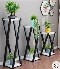 three black and white plant stands with plants on them