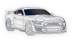 a drawing of a sports car on a white background with blue lines in the foreground