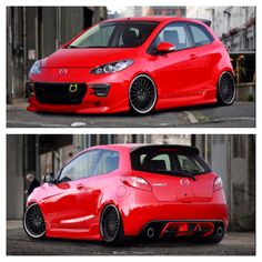 two pictures of a red car parked on the street