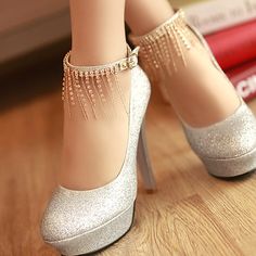 Stiletto High Heels Silver PU Party Ankle Strap Pumps Ankle-length Party Heels, Elegant Ankle Strap Anklets For Party, Elegant Party Anklets, Chic Gold Anklets For Party, Silver Anklet With Ankle Strap For Party, Elegant Formal Anklets With Ankle Strap, Elegant Formal Anklets, Close Toed Heels, High Heels Silver