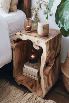 Rustic wooden bedside table with a natural edge, candle holder, and books, invoking a sense of calm. Unusual Bedside Tables, Creative Bedside Table, Wooden Home Decor, Interior Design Per La Casa, Modern Rustic Decor, Serene Bedroom, Wooden Home, Bedroom Retreat, Video Home