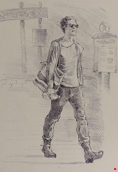 a black and white drawing of a man walking down the street with his hand in his pocket