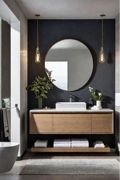 A bright, airy minimalist bathroom with a clean, streamlined aesthetic. Floating Vanity With Storage, Powder Bath Floating Vanity, Open Shelf Bathroom Vanity Modern, Vessel Sink Floating Vanity, Floating Bathroom Cabinets, Sink Storage Bathroom, Primary Bathroom Floating Vanity, Timber Vanity Bathroom Modern, Oak Floating Vanity