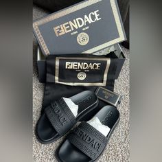 Brand New Fendace Slide Sandal Size 40 Still In Box With Original Tags & Proof Of Purchase. Black Versace Slides, Versace Sandals, Ribbon Sandals, Shower Sandals, Versace Blue, Versace Shoes, Versace Mens Shoes, Size 8 Women, Leather Slippers