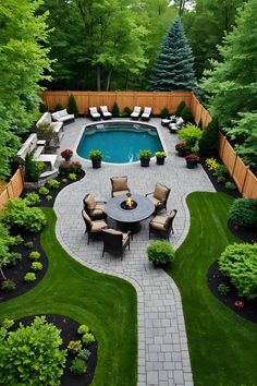 a backyard with a pool, fire pit and seating area in the middle of it