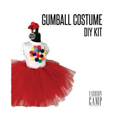 a red and white tutu skirt with colorful balloons on it, in front of the words gumball costume diy kit