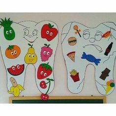 two tooth shaped cut outs with fruit and vegetables on them, hanging from the wall