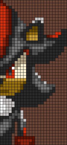 a pixellated image of a bird with an orange beak and black wings on it's head