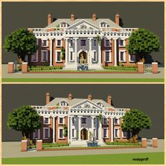 two views of the front and back of a large brick building with trees on each side