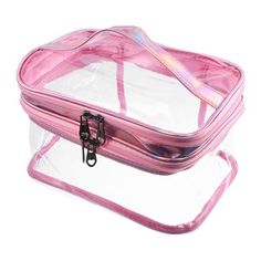 a clear bag with pink handles and zippers on the inside is sitting in front of a white background