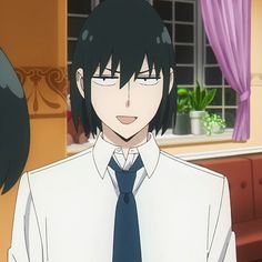 an anime character with black hair wearing a white shirt and blue tie, standing in front of a window