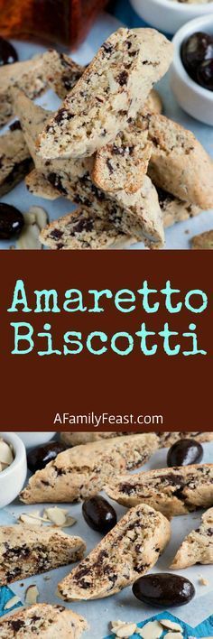 an image of some cookies with chocolate chips on them and the words amarretto biscotti above it