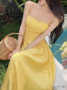 Lasaky - Stylish Backless Beach Resort Maxi Dress in Yellow Linen Apron Dress, Resort Maxi Dress, Dress Collar, Evening Dresses For Weddings, Round Neck Dresses, Apron Dress, Maxi Gowns, Vacation Dresses, Beach Resort