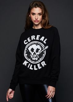 Forget the prize in the box, there's a skull floating in your breakfast cereal for all of you Cereal Killers out there. The Cereal Killer skull unisex adult raglan crewneck sweatshirt by Pyknic is made of high quality and comfy, vintage-inspired tri-blend fabric. The graphic features a milk skull in a bowl of cereal. Each sweatshirt is proudly screen printed by hand using an environmentally friendly process and soft, eco-friendly inks in the USA. Available in sizes S, M and L. Made out of 50% co Punk Rock Style, Lace Trim Sweater, Boho Rock, Skeleton Sweatshirt, Cereal Killer, Skull Sweatshirt, Skull Sweater, Bowl Of Cereal, Goth Look