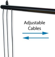 an adjustable cable is attached to the side of a white sign with blue arrows pointing in opposite directions