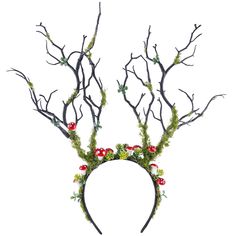 a headband made out of branches with berries and mists on it's side