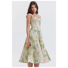 New Without Tag Size S Green Armpit To Armpit: 15"(Stretch) Waist: 12.5"Across (Stretch) Hip:23" Across Total Length: 43" Sizzle This Summer In Our Sexy Floral Sun Dresses! Featuring A Unique Combination Of Classic And Modern Style, This Romantic Corset Midi Dress Is The Perfect Day-To-Night Outfit To Your Boutique Wardrobe! Its Pretty Wide Shoulder Straps Can Be Worn On Or Off The Shoulders For A Look That's Daring And Daringly Beautiful. The Fitted Bodice And Boned Seams, Plus The Lace-Up Closure At The Back To Cinch The Waist, Shape An Alluring Fit-And-Flare Silhouette. What’s More, The Voluminous Skirt With A Daring High Thigh Slit Adds A Flirty Flair That Will Make Women The Envy Floral Dress Design, Split Long Dress, Corset Midi Dress, Waist Corset, Sun Dresses, Mini Sundress, Womens Floral Dress, Floral Sundress, Fashion 2024