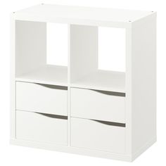 a white bookcase with two drawers and one drawer on the bottom, against a white background