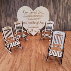 four miniature chairs and a heart shaped wooden sign