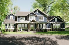 a large house with lots of windows and two people walking in the front yard area