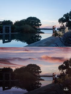 two pictures of people standing on the edge of a body of water