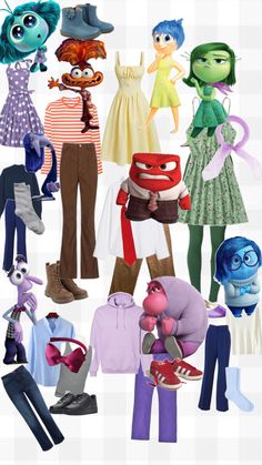 many different cartoon characters are grouped together in this collage, all dressed up and ready to wear