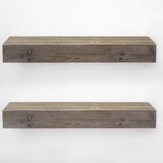 two wooden shelves on the wall with white background