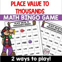 the place value to thousands math game is shown in two different colors and font, which includes