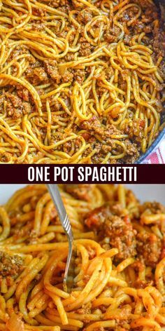 one pot spaghetti is being cooked and the other has been cooked