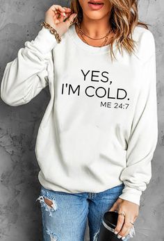 White Letter Print Sweatshirt For Winter, Winter White Letter Print Sweatshirt, Crew Neck Tops With Lettering For Winter, Winter Long Sleeve Tops With Lettering, White Crew Neck Top For Winter, Winter Cotton Top With Slogan, White Letter Print Tops For Winter, Cotton Top With Slogan For Winter, Winter Crew Neck T-shirt With Letter Print