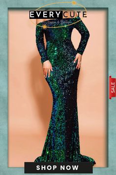 Green Sexy Formal Solid Hollowed Out Patchwork Off The Shoulder Evening Dress Dresses Long Sleeve Stretch Dress With Contrast Sequin, Off The Shoulder Evening Dress, Off Shoulder Evening Dress, Evening Dress, Dresses Online, Beautiful Dresses, Off The Shoulder, Buy Now, Evening Dresses