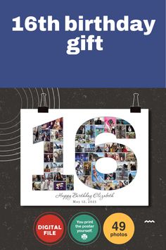 an advertisement for the 16th birthday gift is shown in blue and white, with images of people