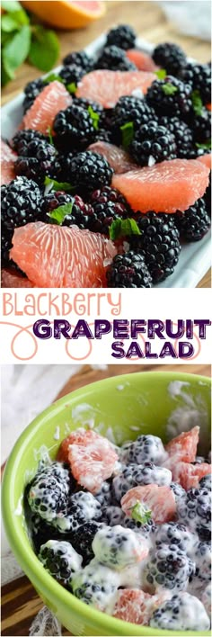 blackberries and grapefruit salad in a green bowl