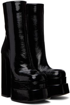 Calf-high patent calfskin leather boots in black. · Square toe · Zip closure at inner side · Buffed lambskin lining in black · Covered block heel with rubber injection · Covered platform midsole · Leather outsole · Platform: H3 in · Heel: H6 in Supplier color: Black Black Patent Leather Boots With Glossy Finish, Black Glossy Patent Leather Boots, Black Sleek Patent Leather Platform Boots, Modern Black Patent Leather Platform Boots, Versace Boots, Lipstick Bag, Chain Strap Bag, Oversized Tote Bag, Floral Shoes