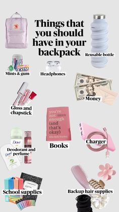 the contents of a backpack are shown in this graphic style, with text that reads things that you should have in your back pack