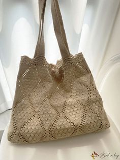 BirdinBag - Striking Two-Toned Striped Crochet Bag - Medium Size Lightweight Beige Shopping Bag, Beige Crochet Handheld Bag, Beige Crochet Shoulder Bag, Handheld Beige Crochet Bag, Handheld Crochet Beige Bag, Black Camel, Bags Tote, Crochet Bags, White Beige